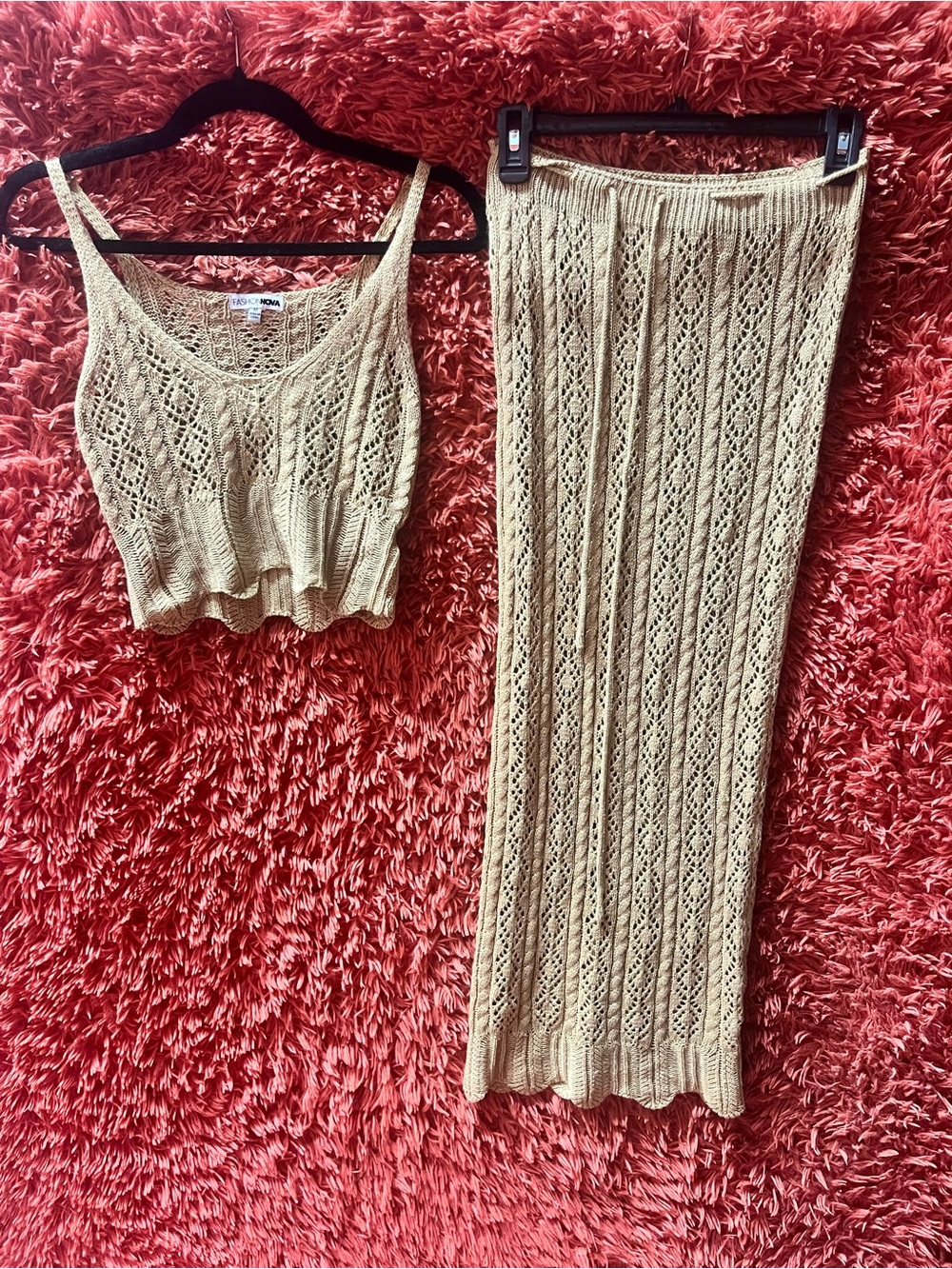 Fashion Nova Beige Knit Maxi Skirt & Cropped Top Set Size Medium